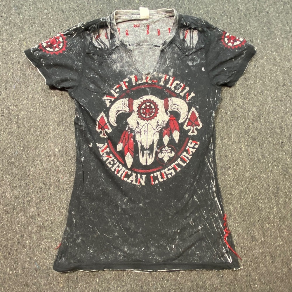 Affliction American Customs Shirt L Large Womens Black Grunge Distressed Skull